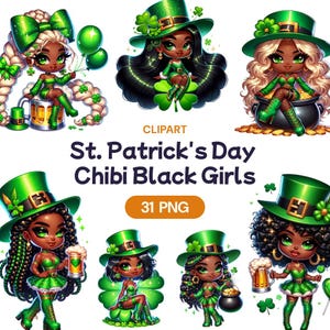 St Patrick's Day, Chibi Black Girl Clipart, Kawaii Aquarell Afroamerikanerfrau PNG, Lucky Shamrock, Kobold, Lizenz für kommerzielle Nutzung