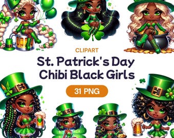 St Patrick&#39;s Day, Chibi Black Girl Clipart, Kawaii Watercolor African American Woman PNG, Lucky Shamrock, Leprechaun, Commercial Use License