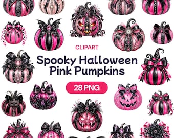 Spooky Pink Pumpkins Clipart, Gothic Jack o Lantern PNG, Pastel Goth Decor