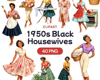 1950s Black Housewife Clipart, Retro African American PNG, Vintage Homemaker Graphic, Pin Up Art, Classic Chores Decor