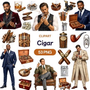 May include: A digital collection of 53 PNG clipart images featuring cigars, wooden humidors, glass jars, metal lighters, ashtrays, smoking pipes, cigar cutters, stacks of cash, and various individuals in formal attire smoking cigars with text CLIPART Cigar 53 PNG.