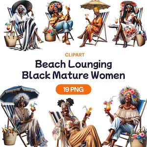 Clipart di donne mature nere che si rilassano in spiaggia, PNG di nonna afroamericana, bella ed elegante nonna anziana, licenza per uso commerciale