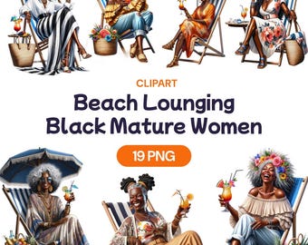 Black Mature Women Beach Clipart, Summer PNG Set