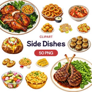 May include: A collection of food illustrations featuring roasted chicken, onion rings, kimchi, corn on the cob, garlic bread, stuffed mushrooms, baked potatoes, french fries, salad, macaroni and cheese, and lamb chops with peas, labeled Side Dishes 50 PNG.