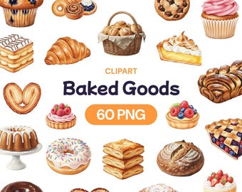 Baked Goods Clipart, Watercolor Pastry PNG, Bakery Bundle, Bread and Croissant, Dessert Menu Art, Donut Cookie Pie