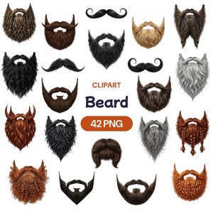 May include: A selection of beard and moustache clipart illustrations in diverse styles and colours. The image includes the text "Clipart Beard 42 PNG". The beards vary in length, with colours such as black, brown, and grey.