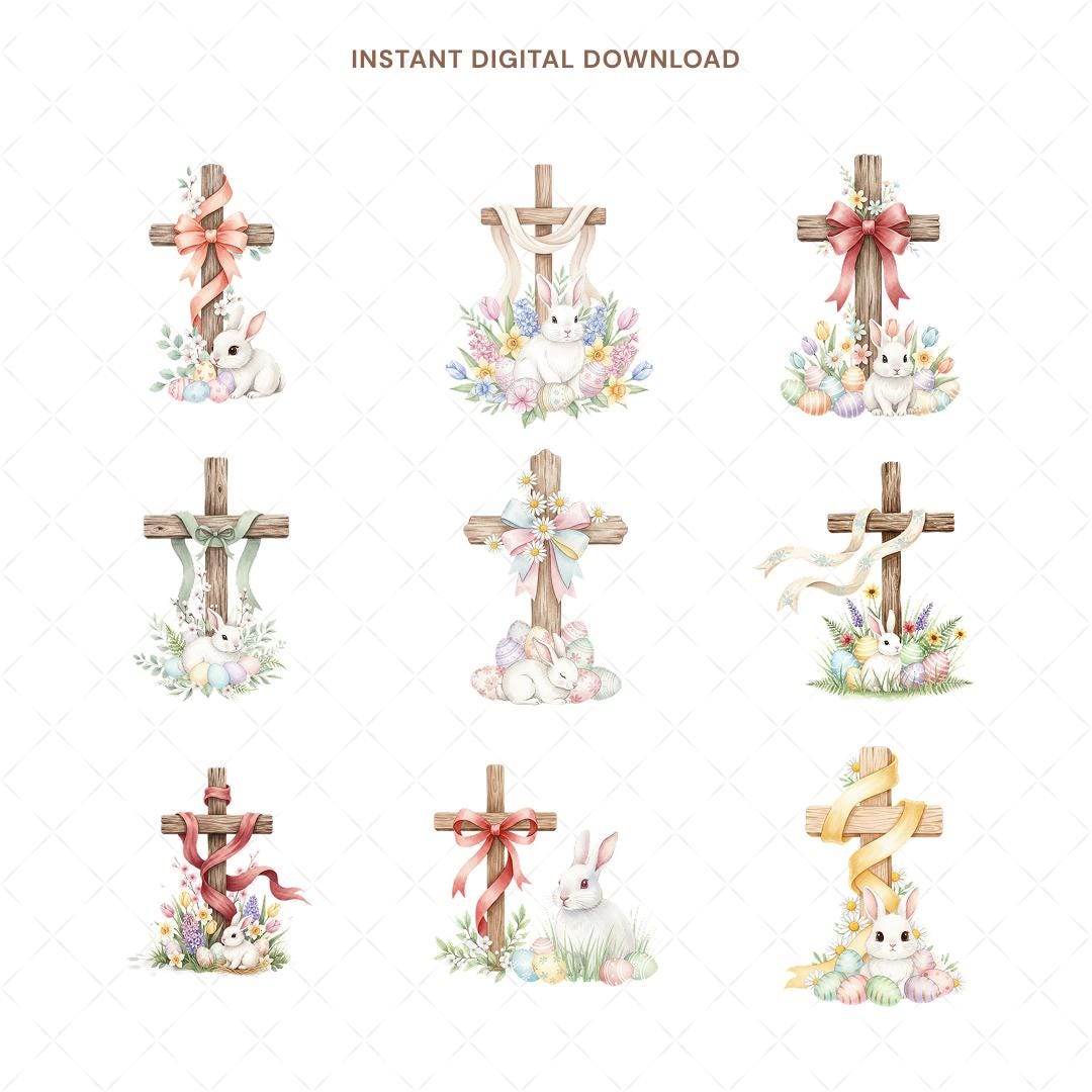 Easter Rabbit Cross Easter Cross Bunny Clipart, 25 Watercolor Christian PNG, Cute Rabbit ...