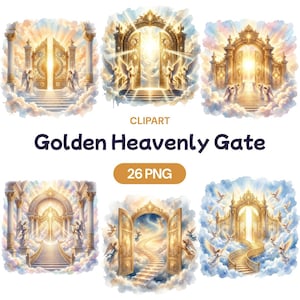 Pode incluir: Uma coleção de ilustrações em aquarela com portões dourados, anjos e cenas celestiais. O texto "Golden Heavenly Gate" e "26 PNG" estão incluídos. As imagens têm uma qualidade suave e etérea com cores pastel.