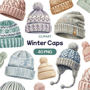 May include: Watercolor illustration of various winter caps in shades of blue, beige, and pink. The caps feature knitted patterns, pom-poms, and ear flaps. Text on the image reads "CLPART Winter Caps 40 PNG".