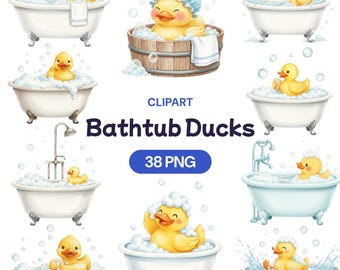 Bathtub Ducks Clipart, 38 Watercolor Rubber Duck PNG, Bubble Bath, Nursery Wall Art, Baby Shower, Bathroom Decor, Yellow Bird, Cute Animal