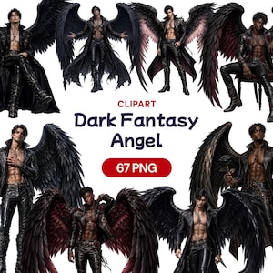 May include: A digital collection of 67 PNG clipart images featuring dark fantasy angels with large black wings. The figures are depicted with muscular builds, wearing black leather clothing, and various accessories. The text reads CLIPART Dark Fantasy Angel 67 PNG.