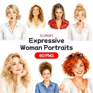 Imágenes prediseñadas de retratos de mujeres expresivas, gráficos PNG de diversas emociones (60 archivos)