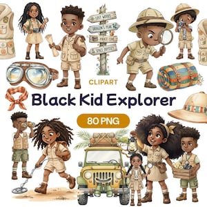 Op de afbeelding: Digitale clipartset met illustraties van zwarte kinderen gekleed als ontdekkingsreizigers. De afbeeldingen bevatten kinderen met vergrootglazen, camera's, kaarten en een jeep. De tekst "Black Kid Explorer" en "80 PNG" zijn ook opgenomen.