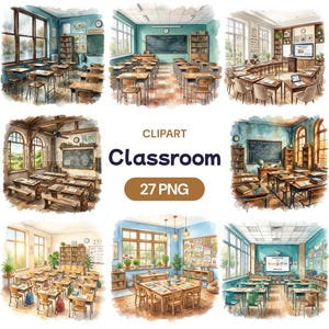 Watercolor Classroom Clipart, School Background PNG, Educational Interior Graphics, Teaching Decor