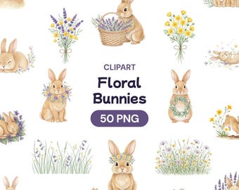 Watercolor Bunny Clipart, 50 Floral Rabbit PNG, Lavender Spring Garden ...