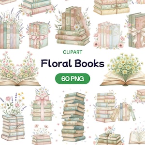 Floral Books Clipart, 60 Watercolor Book Stack PNG, Open Book Flower, Cottagecore Library, Boho Reading Art, Pastel Wildflower, Spring Decor