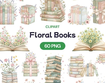 Imágenes prediseñadas de libros florales, 60 libros en acuarela PNG, libro abierto con flores, biblioteca estilo cottagecore, arte de lectura bohemio, flores silvestres pastel, decoración primaveral