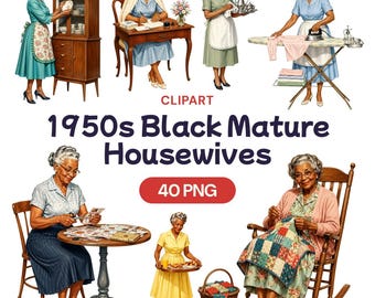 1950s Black Mature Housewife Clipart, Retro African American Grandma PNG, Vintage Graphic, Pin Up Art, Classic Chores Decor