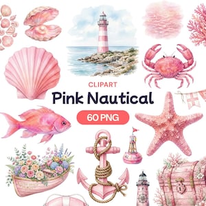 Puede incluir: Conjunto de imágenes prediseñadas de acuarela con elementos náuticos rosas. Incluye un faro, conchas marinas, estrella de mar, ancla, cangrejo, pez y un barco lleno de flores. También se ve el texto "Pink Nautical" y "60 PNG".