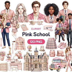 May include: A collection of digital clipart featuring students in pink school uniforms, a pink school building, a pink bus, school supplies, and accessories. The set includes various characters, a calculator, a stapler, a globe, and a clock.