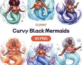 Curvy Black Mermaid Clipart, Plus Size African American Princess PNG, Melanin Fantasy Graphic, Body Positive Art, Cute Ocean Decor