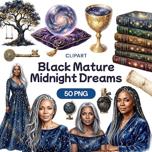 Op de afbeelding: Digitale clipart met mystieke elementen. Bevat een kristallen bol, een sierlijke kelk, een stapel boeken, een sleutel en portretten van vrouwen. De tekst "Black Mature Midnight Dreams" is ook aanwezig.