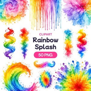 Puede incluir: Una colección de gráficos digitales de acuarela con salpicaduras, gotas y remolinos de colores del arcoíris. El texto central dice CLIPART Rainbow Splash 50 PNG. Los diseños incluyen varias formas abstractas, salpicaduras y degradados.