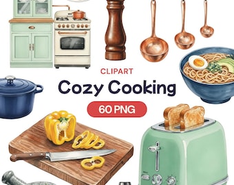 May include: Watercolor illustration of various kitchen items. Includes a green toaster with toast, a blue pot, a wooden cutting board with a knife and yellow pepper, and a bowl of ramen. The text "Cozy Cooking" is displayed.