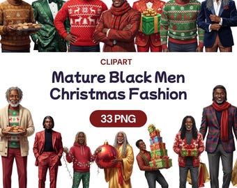 Mature Black Men Christmas Fashion Clipart, African American Xmas Grandfather PNG, Cute Holiday Winter Sweater Outfit Commercial Use License