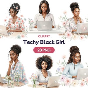 Könnte beinhalten: Digitales Clipart mit sechs Illustrationen von schwarzen Frauen, die Laptops benutzen. Die Frauen sind in verschiedenen Outfits und Frisuren dargestellt, umgeben von floralen Akzenten. Der Text "Techy Black Girl" und "28 PNG" sind ebenfalls vorhanden.