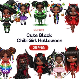 Puede incluir: Una colección de lindas imágenes prediseñadas de Halloween de chicas chibi negras. Las imágenes presentan a varias chicas vestidas con disfraces de Halloween, incluyendo una bruja, un diablo y un esqueleto. Se muestra el texto "Cute Black Chibi Girl Halloween".