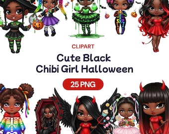 May include: A collection of cute black chibi girl Halloween clipart images. The images feature various girls dressed in Halloween costumes, including a witch, devil, and skeleton. The text "Cute Black Chibi Girl Halloween" is displayed.