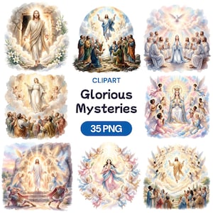 Puede incluir: Una colección de ilustraciones en acuarela que representan escenas religiosas. Las imágenes presentan figuras con túnicas fluidas, ángeles y luz celestial. El texto dice "CLIPART Glorious Mysteries 35 PNG". La obra de arte tiene una calidad suave y etérea con colores pastel.