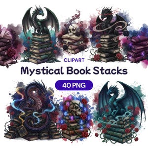 Puede incluir: Clipart digital con pilas de libros adornadas con dragones, calaveras y rosas. También está presente el texto "Mystical Book Stacks" y "40 PNG". La obra de arte tiene un tema de fantasía con efectos de acuarela.
