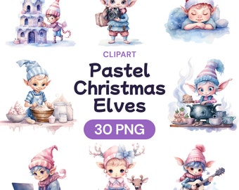 Pastel Christmas Elf Clipart, Cute Watercolor Xmas Elves PNG Bundle, Kawaii Winter Dwarf Transparent Digital Set, Commercial Use License