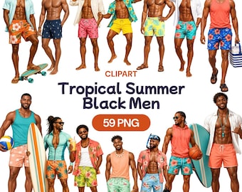 Tropical Summer Black Men Clipart, African American Vacation PNG, Beach Graphic, Melanin Art