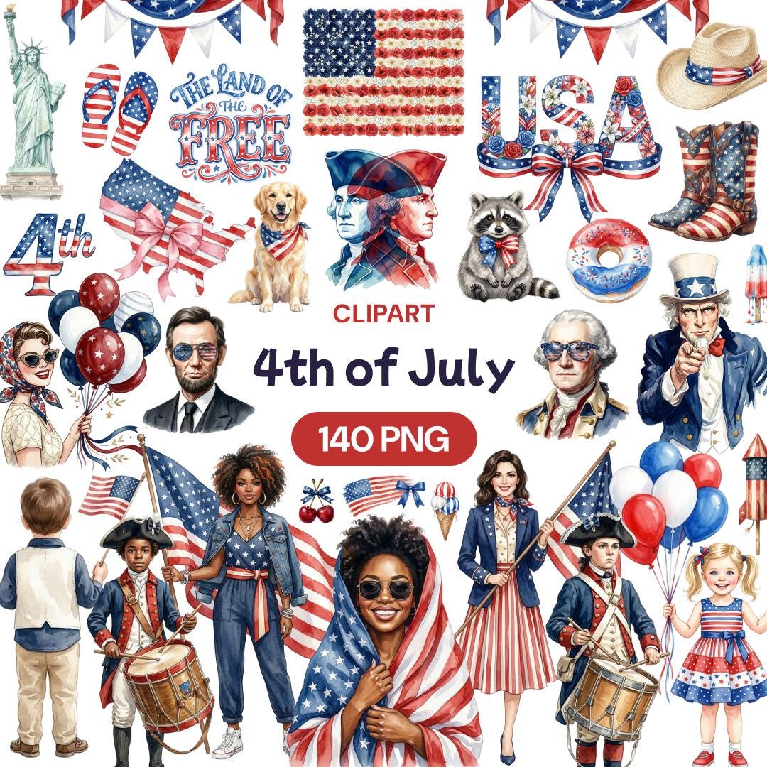 4th of July Clipart, Watercolor Independence Day PNG, Patriotic USA ...