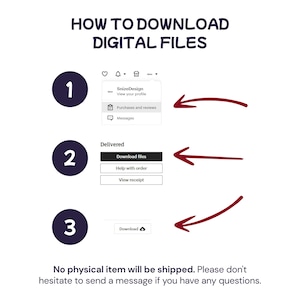 May include: A white graphic with instructions on how to download digital files. The steps are numbered and include screenshots with arrows pointing to the download options. The text at the top reads "HOW TO DOWNLOAD DIGITAL FILES".
