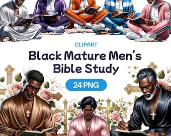 Black Mature Men Bible Study Clipart, Watercolor African American Religious Boy Group PNG, Male Spiritual Christian, Commercial Use License