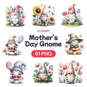 Clipart de gnomos do dia das mães, pacote digital bonito em aquarela Spring Garden PNG, anão com sinal, presente de flores para ela, licença de uso comercial