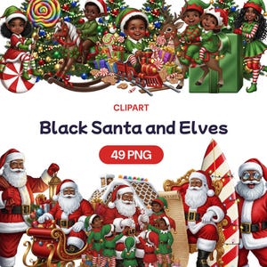 May include: A digital illustration featuring Black Santa Claus and elves in festive attire. The image includes a Christmas tree, a toy train, and a rocking horse. Text reads "Black Santa and Elves" and "49 PNG".