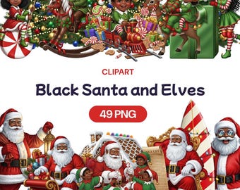 Black Santa Claus and Elves Clipart, Cute African American Old Father Christmas PNG, Xmas Elf Gift Set, Kawaii Dwarf, Commercial Use License