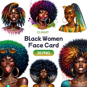 Femmes noires visage carte PNG Clipart, aquarelle afro-américaines mignonnes expressions du visage, ensemble féminin amusant licence d'utilisation commerciale transparente