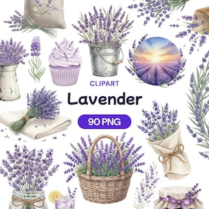 Könnte beinhalten: Eine Sammlung von Aquarellillustrationen mit Lavendel. Enthält Sträuße, einen Cupcake, ein Kissen und einen Korb voller lila Lavendelblüten. Die Wörter "CLPART" und "Lavender" werden zusammen mit "90 PNG" angezeigt.