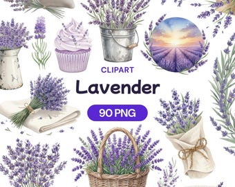 Imágenes prediseñadas de lavanda en acuarela, paquete de imágenes PNG florales moradas (90 imágenes)