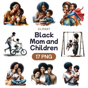 Clipart de madre negra y niños, linda mujer afroamericana en acuarela, gráficos PNG transparentes, feliz día de la madre, licencia de uso comercial