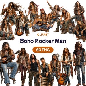 Può includere: Una collezione digitale di immagini clipart che ritraggono vari uomini con capelli lunghi, che indossano abiti a strati, gilet e jeans, spesso con chitarre acustiche o elettriche. Il testo recita CLIPART Boho Rocker Men 60 PNG.