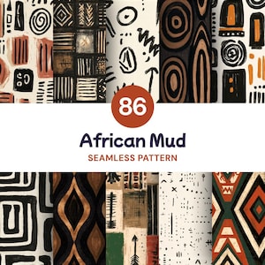 Op de afbeelding: Een digitale collectie van 86 naadloze patronen geïnspireerd op Afrikaanse modderdoekontwerpen. De afbeeldingen tonen diverse zwarte, witte, bruine, oranje en groene geometrische vormen, lijnen, spiralen en tribale motieven met de tekst 86 African Mud SEAMLESS PATTERN.