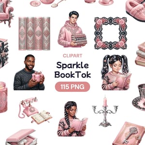May include: A digital art collection in pink and silver tones. The illustrations include people, books, decorative frames, and accessories. The text "Sparkle BookTok" and "115 PNG" are also visible.