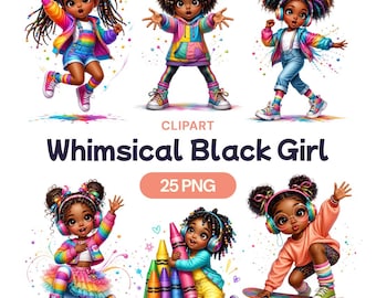 Whimsical Black Girl Clipart, African American Child PNG, Rainbow Kid Graphic, Toddler Art